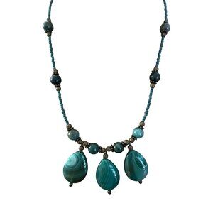 Vintage Green Striped Agate Necklace Teardrop Pendant Brass 17" + 3" extender